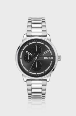 Stainless-steel link-bracelet watch with black dial, Silver
