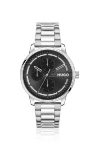 Uhr mit schwarzem Zifferblatt und Gliederarmband aus Edelstahl, Silber