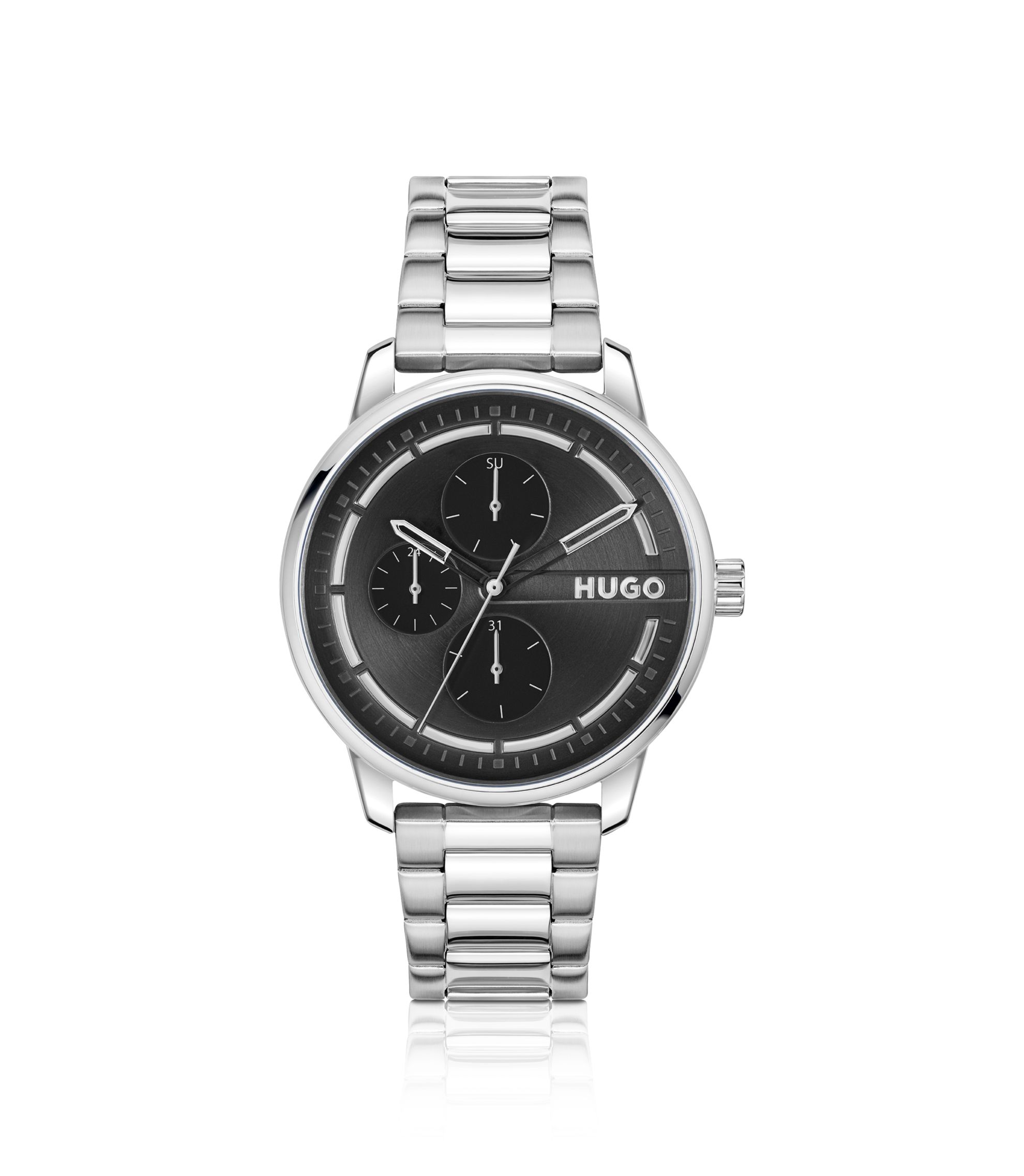 Uhr mit schwarzem Zifferblatt und Gliederarmband aus Edelstahl