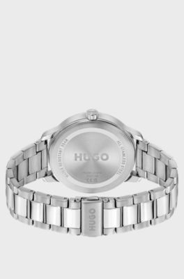 Stainless-steel link-bracelet watch with black dial, Silver