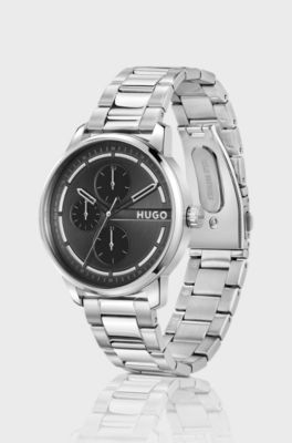 Stainless-steel link-bracelet watch with black dial, Silver