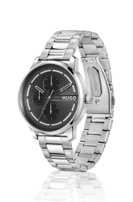 Stainless-steel link-bracelet watch with black dial