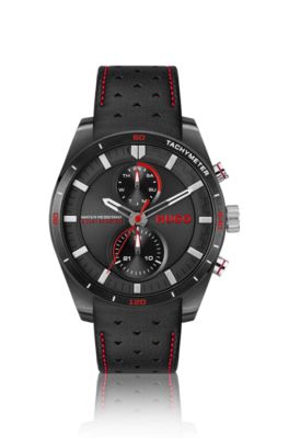 #FAST Racing-inspired watch with perforated leather strap, Black