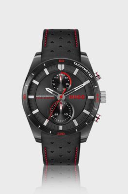 #FAST Racing-inspired watch with perforated leather strap, Black
