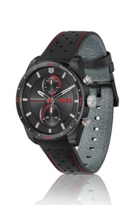 #FAST Racing-inspired watch with perforated leather strap, Black