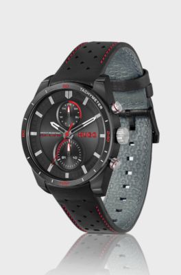 #FAST Racing-inspired watch with perforated leather strap, Black