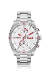 Uhr aus Edelstahl mit Details im Rennsport-Stil, Silber