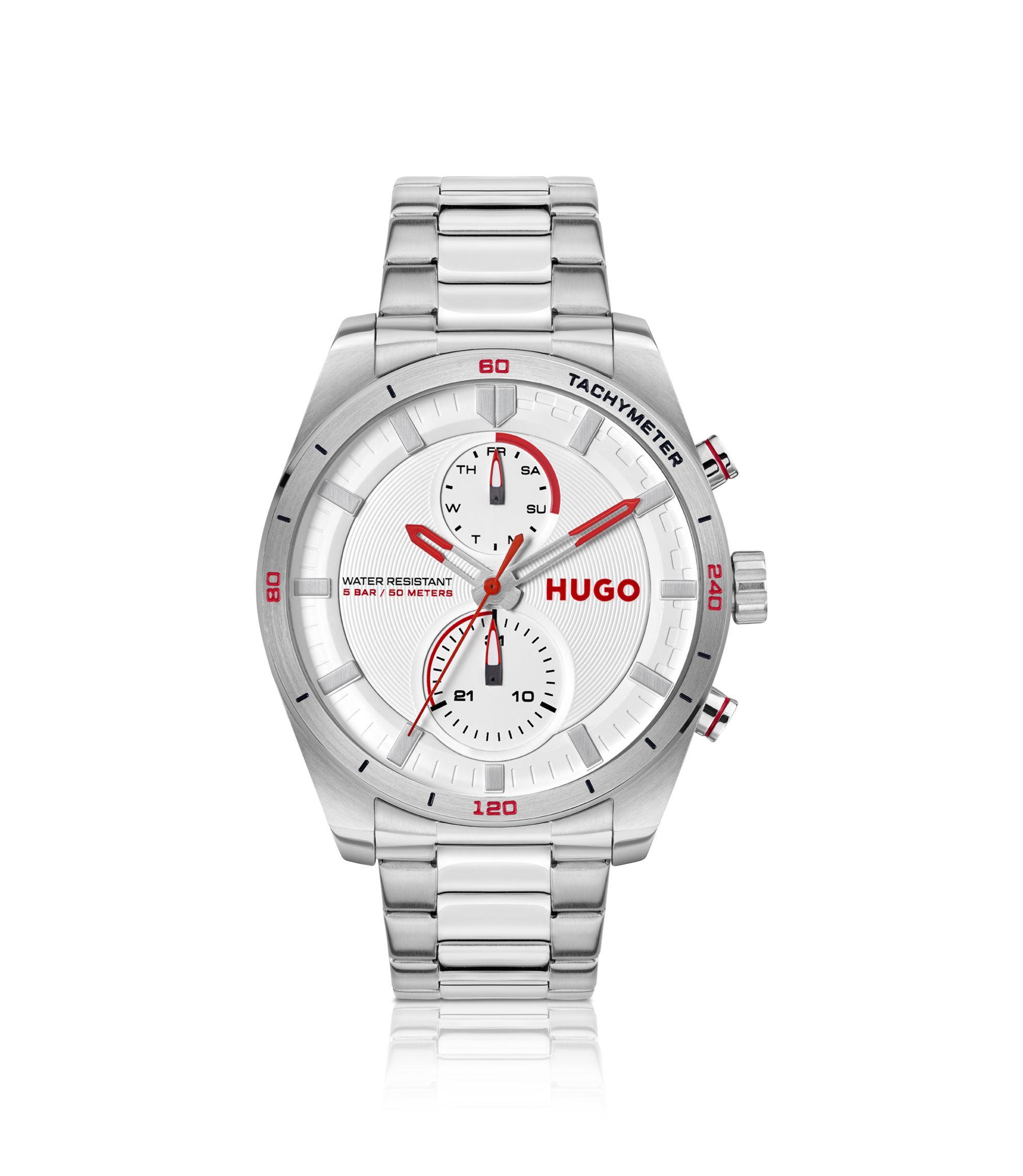 Uhr aus Edelstahl mit Details im Rennsport-Stil