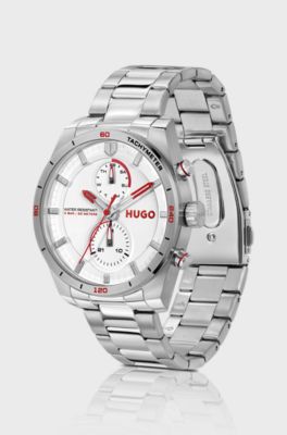 Stainless-steel watch with racing-inspired details, Silver
