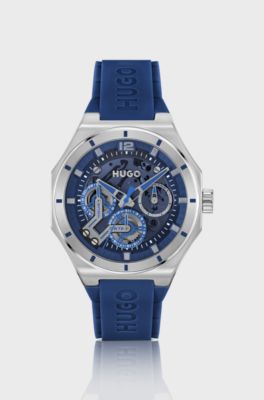 Uhr mit sichtbarem Uhrwerk und blauem Silikonarmband, Blau