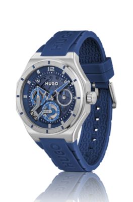 Skeleton-dial watch with blue silicone strap, Blue