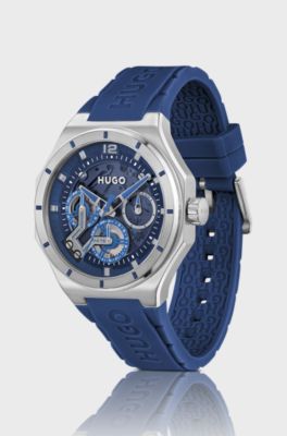 Uhr mit sichtbarem Uhrwerk und blauem Silikonarmband, Blau