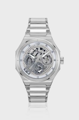 Skeleton-dial watch in stainless steel with link bracelet, Silver