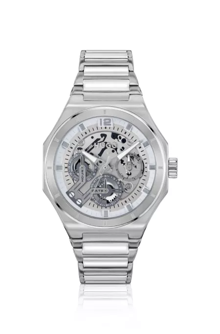 Skeleton-dial watch in stainless steel with link bracelet