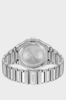 Skeleton-dial watch in stainless steel with link bracelet, Silver