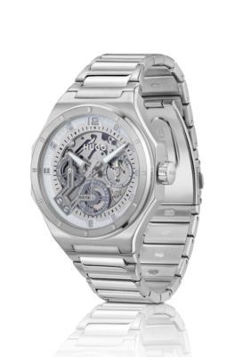 Skeleton-dial watch in stainless steel with link bracelet, Silver