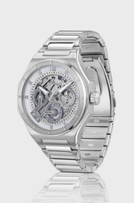 Skeleton-dial watch in stainless steel with link bracelet, Silver