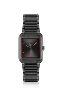 HUGO - Black-steel watch with red accents - Black