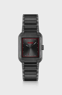 Uhr aus schwarzem Edelstahl mit roten Akzenten, Schwarz