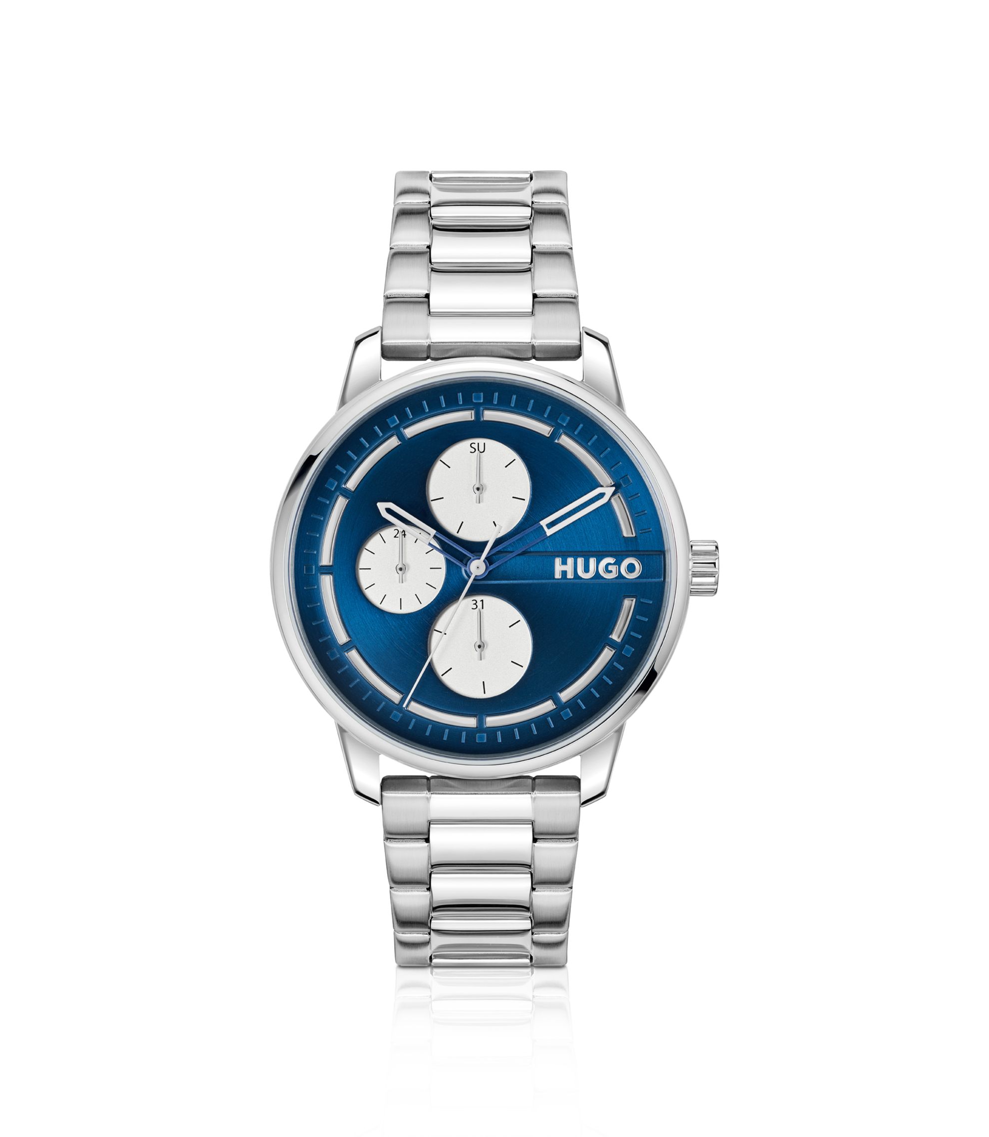 Silberfarbene Uhr mit blauem Zifferblatt