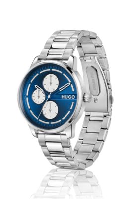 Silver-tone watch with blue dial, Silver