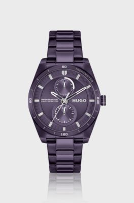 Purple-plated steel watch with geometric case, Purple
