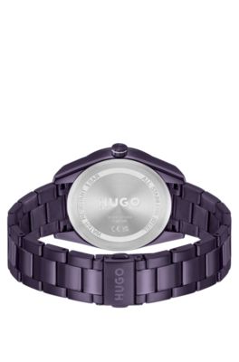 Uhr aus violett beschichtetem Stahl mit geometrischem Geh&auml;use, Lila