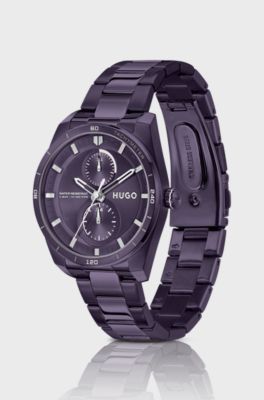 Purple-plated steel watch with geometric case, Purple
