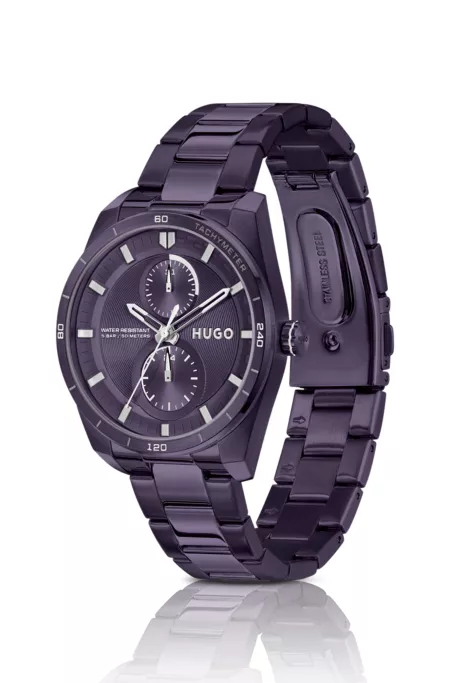 Purple-plated steel watch with geometric case