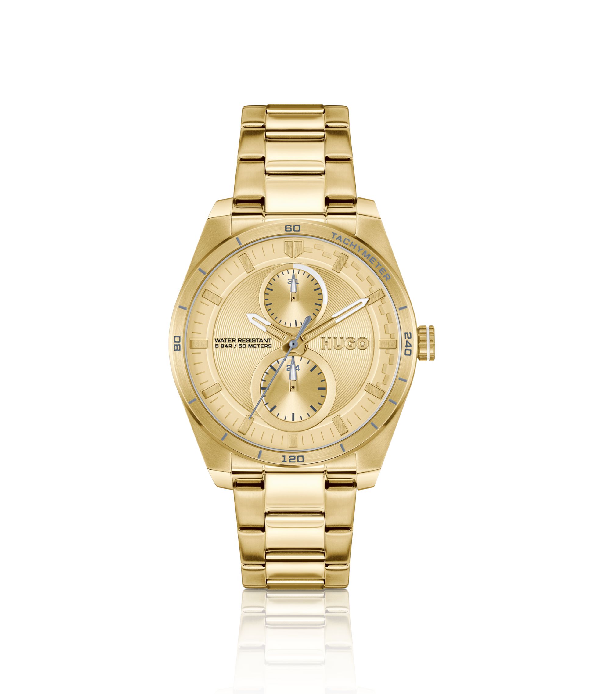 Goldfarbene Uhr mit Details im Rennsport-Stil