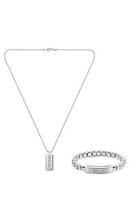 Gift-boxed logo necklace with matching bracelet, Silver tone