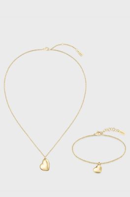 Gift-boxed necklace and bracelet with heart pendant, Gold tone