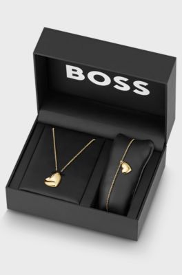 Gift-boxed necklace and bracelet with heart pendant, Gold tone