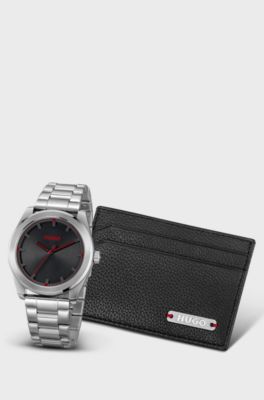 Leather card holder and black-dial watch gift set, Silver