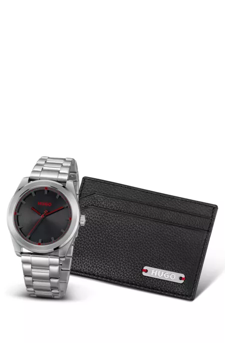 Leather card holder and black-dial watch gift set