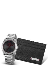 Leather card holder and black-dial watch gift set, Silver