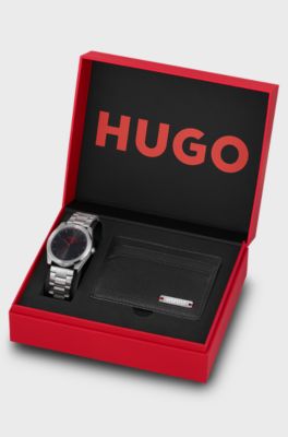 Leather card holder and black-dial watch gift set, Silver