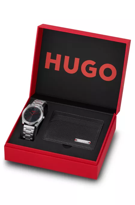 Leather card holder and black-dial watch gift set