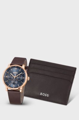 Blue-dial watch and card holder gift set, Brown