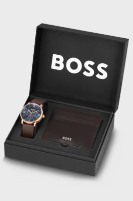 Blue-dial watch and card holder gift set, Brown