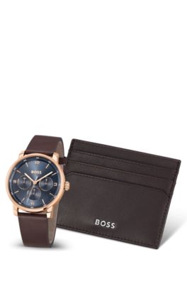 Geschenk-Set aus Kartenetui und Uhr mit blauem Zifferblatt, Braun