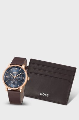 Blue-dial watch and card holder gift set, Brown