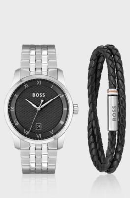 Knurled-dial watch and braided-leather cuff gift set, Silver