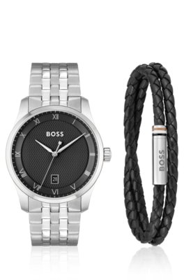 Coffret cadeau avec montre à cadran en relief et bracelet en cuir tressé