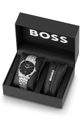 Knurled-dial watch and braided-leather cuff gift set, Silver