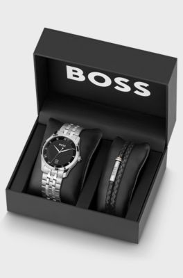 Knurled-dial watch and braided-leather cuff gift set, Silver