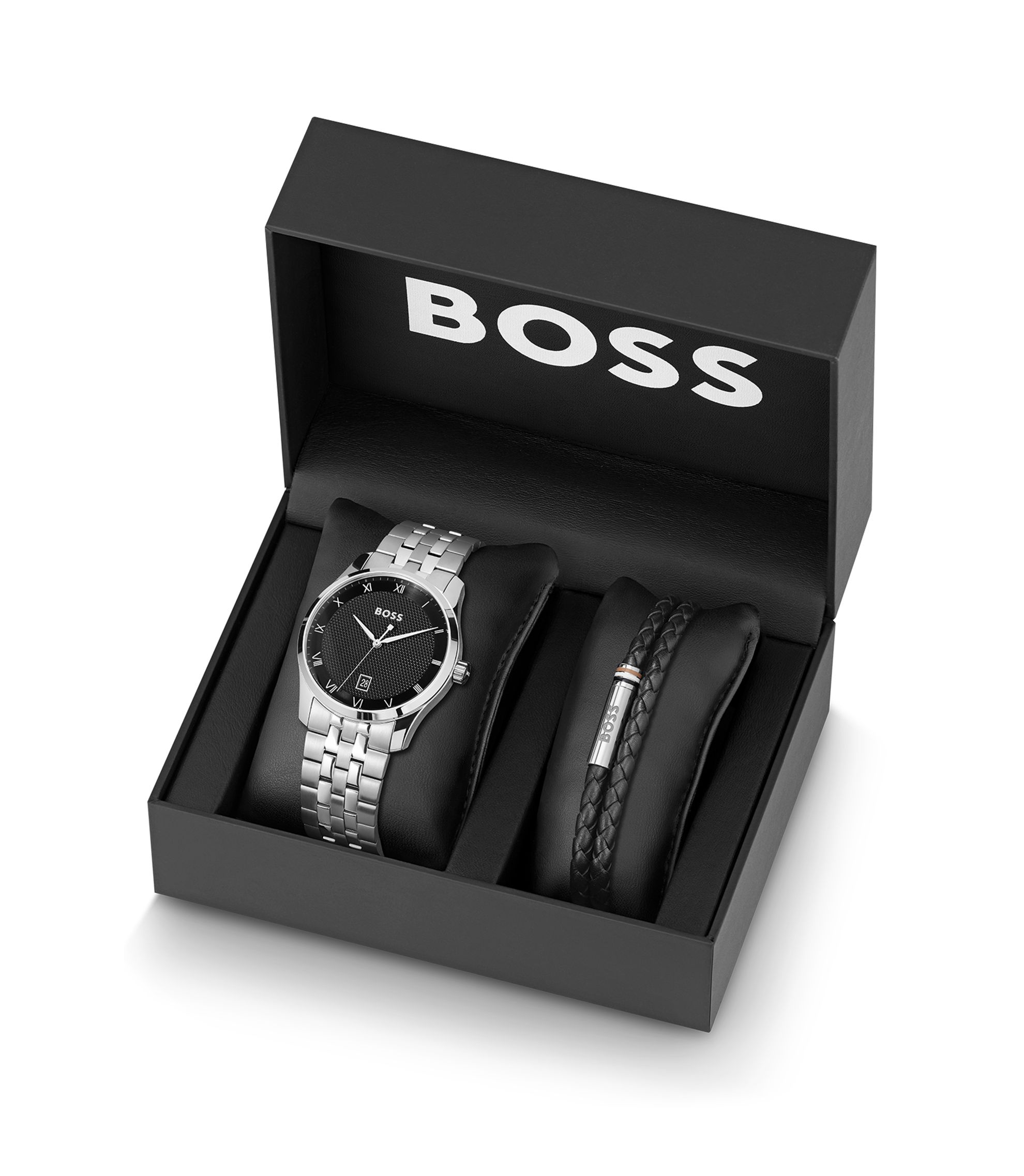 BOSS - Knurled-dial watch and braided-leather cuff gift set - Silver