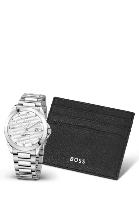 Groove-dial watch and leather card holder gift set