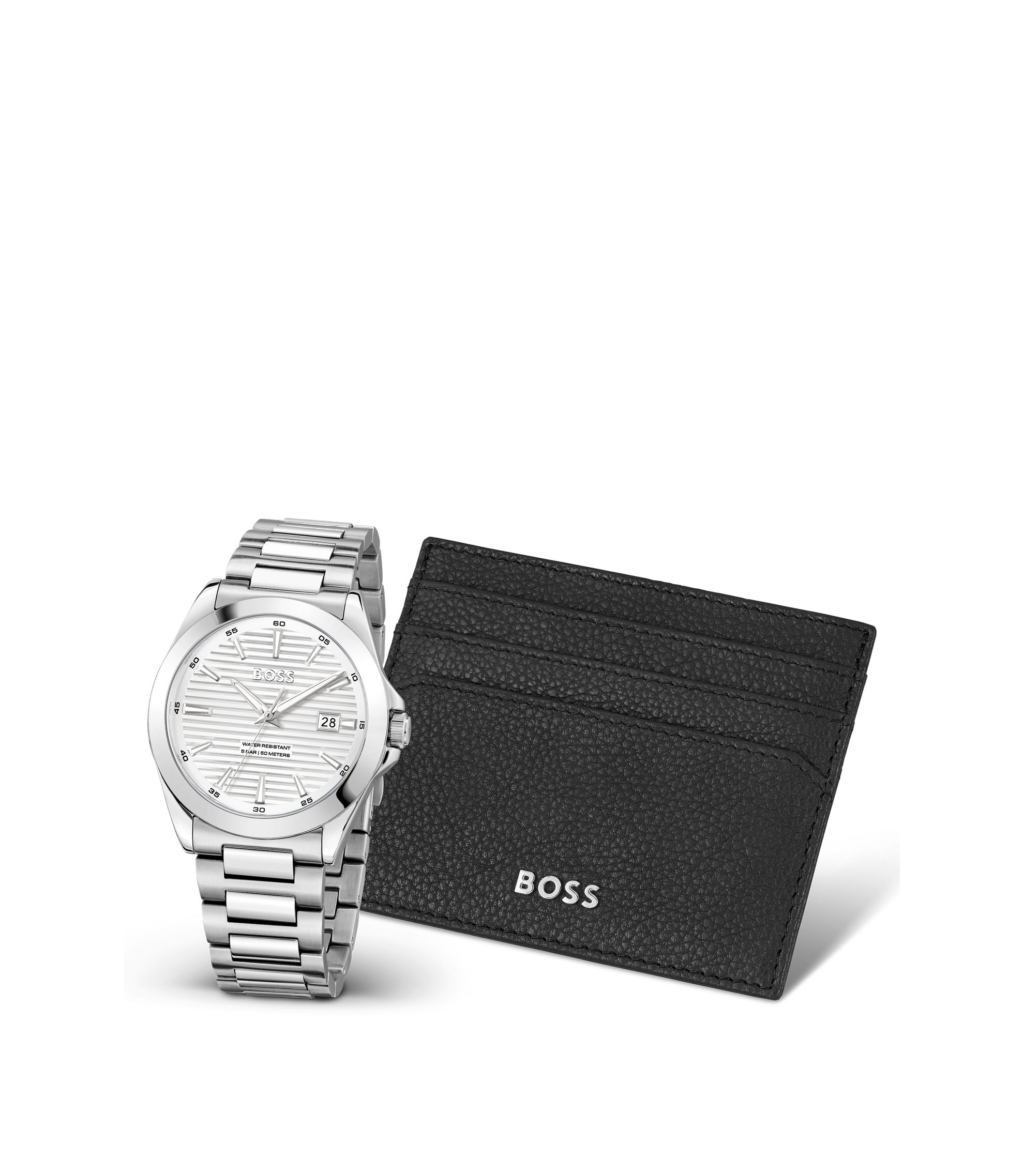 BOSS - Groove-dial watch and leather card holder gift set - Silver