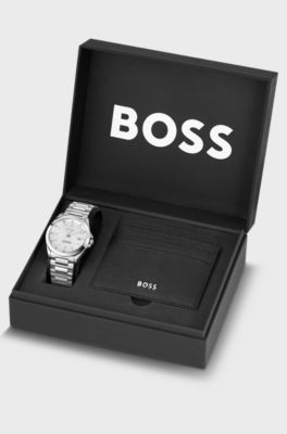Groove-dial watch and leather card holder gift set, Silver